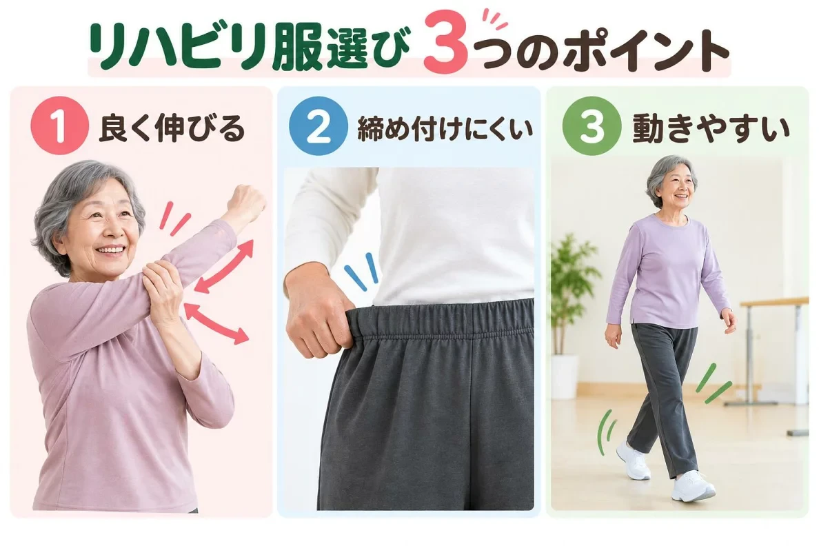 リハビリ服選び3つのポイント:①良く伸びる ②締め付けにくい ③動きやすい
